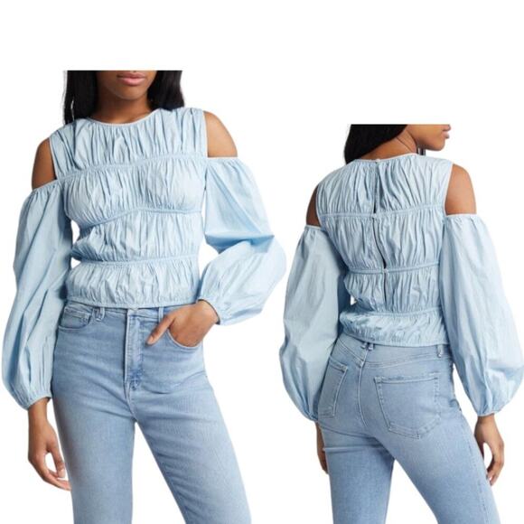 TopShop Off The Shoulder Poplin Cold Shoulder Top Blue Size 6 NWOT $55 MSRP - Picture 1 of 8